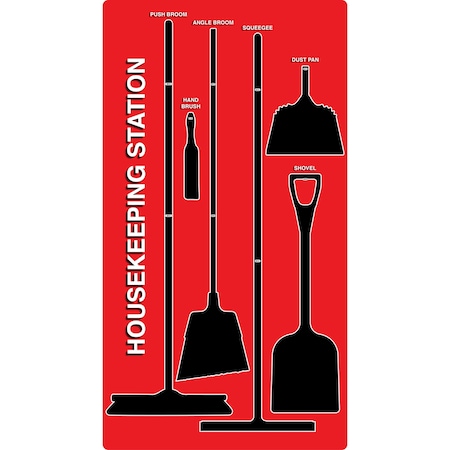5S Supplies 5S Housekeeping Shadow Board Broom Station Version 8 - Red Board / Black Shadows No Broom HSB-V8-RED-BO